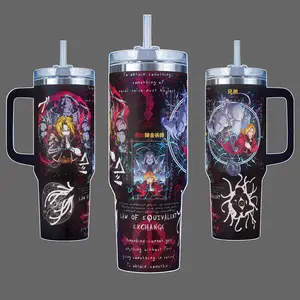 Fullmetal Alchemist Edward Elric Alphonse Elric Law of Equivalent Exchange Anime Stainless Steel Insulated Tumbler With Handle & Straw Lid 20oz 40oz Full Wrap Alchemy Design