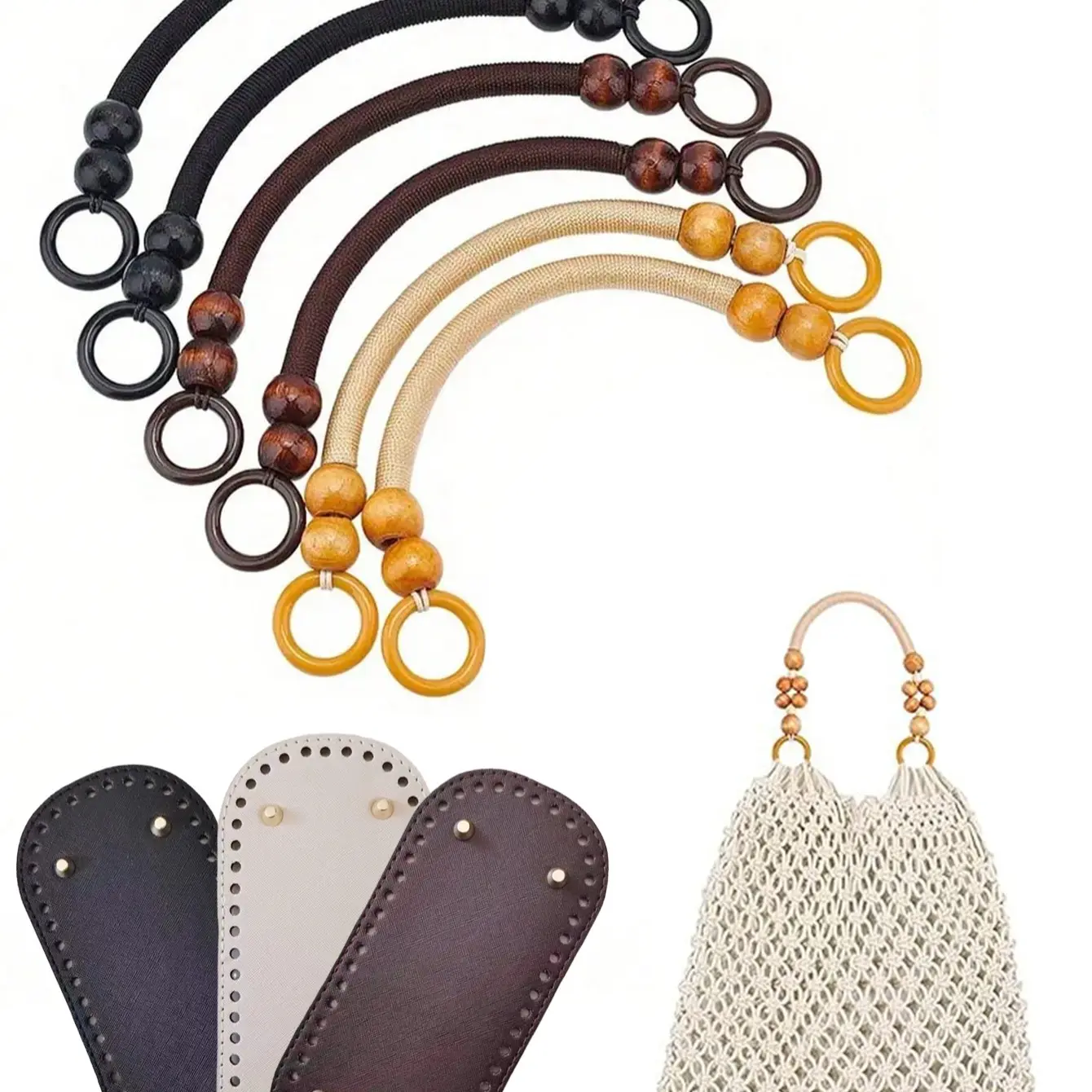DIY Customizable Handbag Kit, Includes Oval PU Faux Leather Bottom & Wooden Bead Handles, Perfect Set for DIY Bags, Ideal Replacement Parts, Handmade Crafts