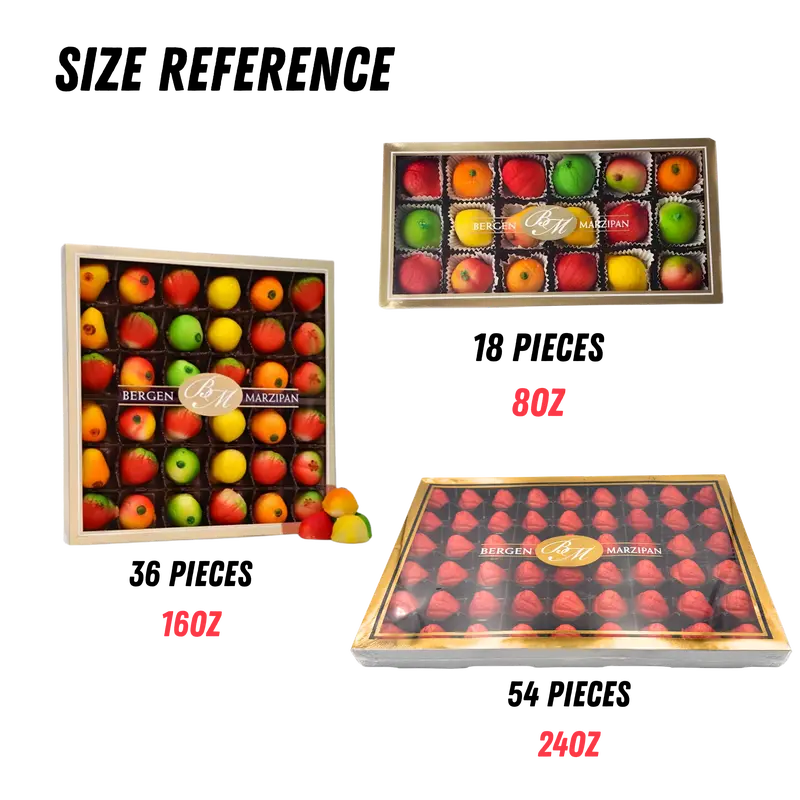 BERGEN MARZIPAN 18 or 36 or 54 Pieces - Assorted Fruits, Strawberry, Toasted Marzipan - 4 Flavors to Choose From