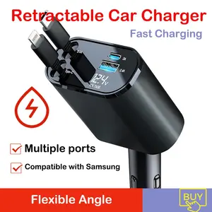 4 in 1 Retractable Car Charger, USB C Fast Charging Adapter with Lightning Cable Compatible with iPhone 16/15/14/13 Pro Max Plus, Samsung S23/S22/S1