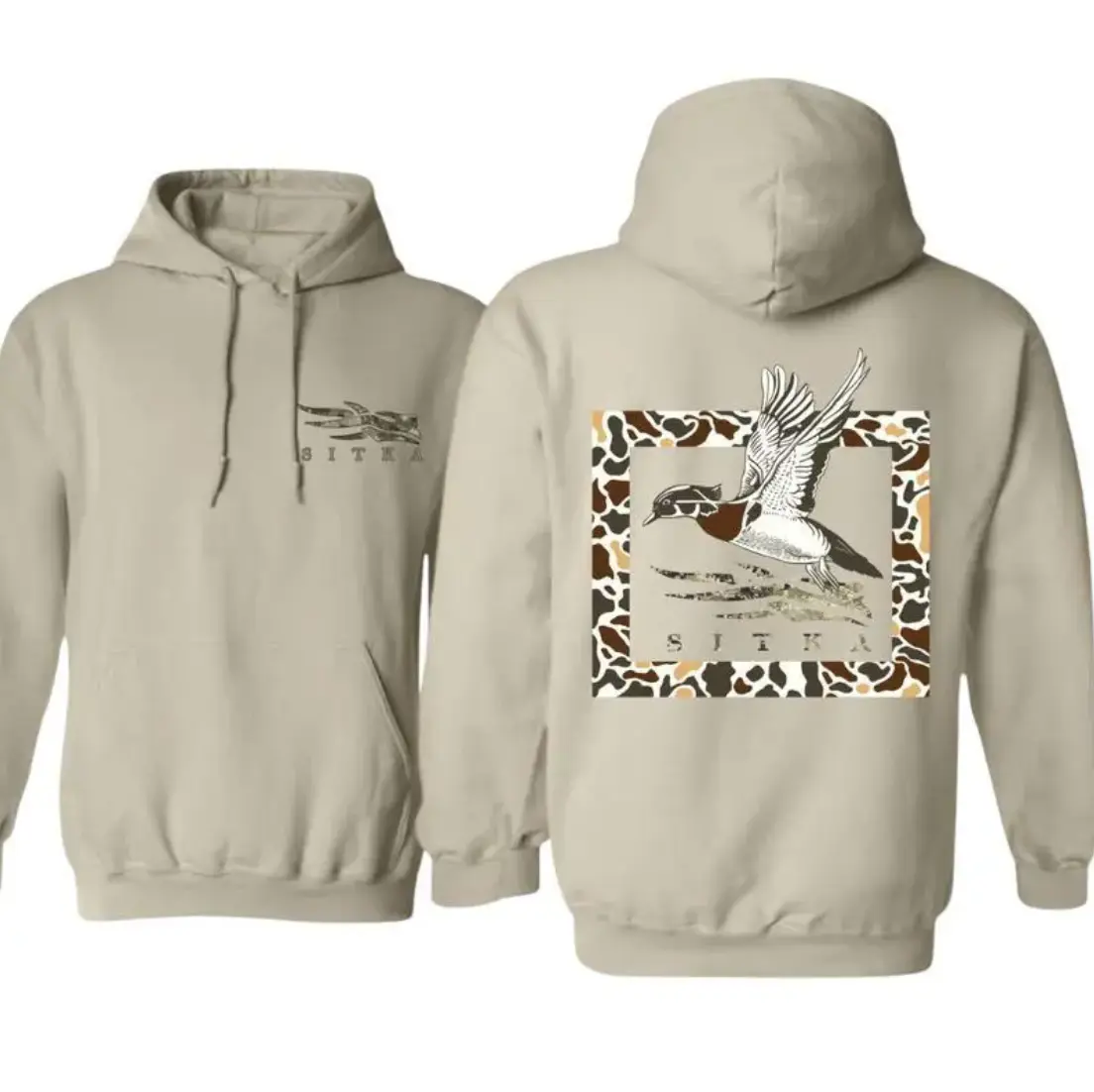 Stylish Sittka Hunting Hoodie with Flying Duck in Camo Pattern, Perfect for Outdoor Enthusiasts and Trendy Casual Wear, Shirt for Women and Men