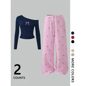 Women's butterfly printed pants, casual short sleeved T-shirt and pants, Four Seasons women, pajamas and home wear