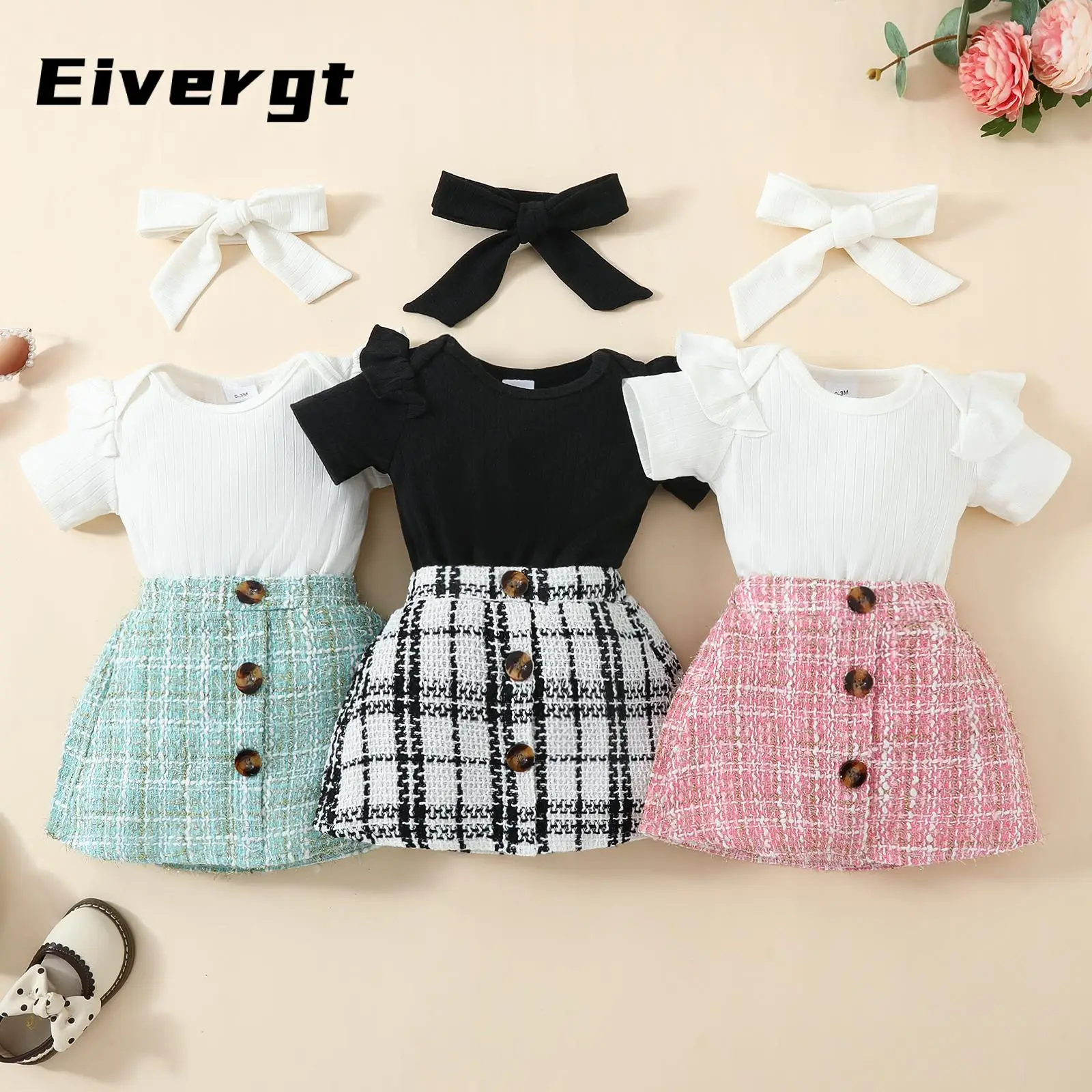 Baby Girls 3 Piece Outfit Ruffles Short Sleeve Rompers and Plaid Print Button Skirt Headband Summer Clothes Set