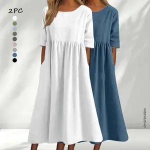 Summer New Cotton and Linen Casual Short Sleeve Pocket Fold Loose Round Neck Women's Dress
