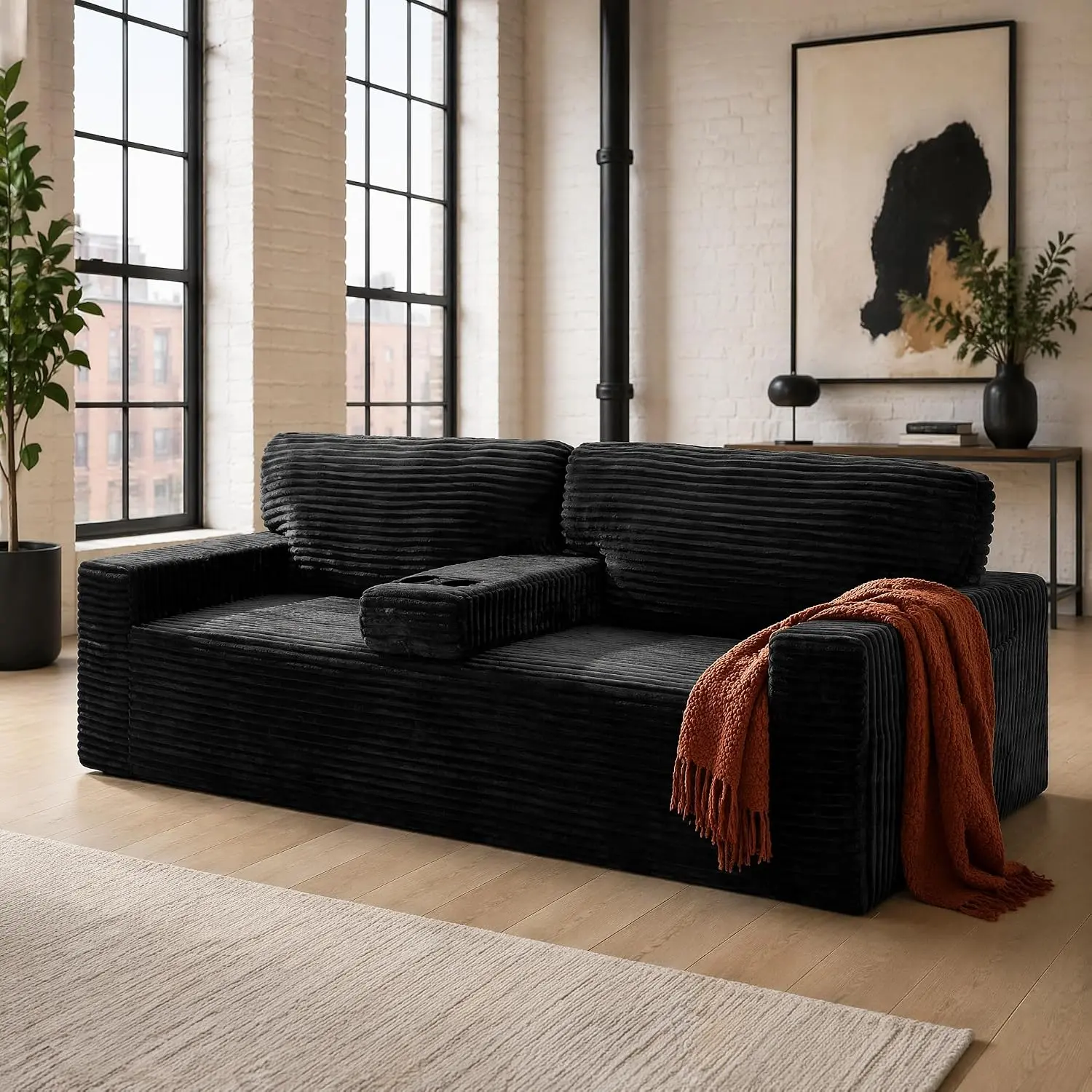 91.7"Boneless Loveseat Sofa, Corduroy Compression Sofa, 2 Seater Cloud Couch with Built-in Cup Holders, Side Storage Pocket for Living Room, Apartment, Office, Black