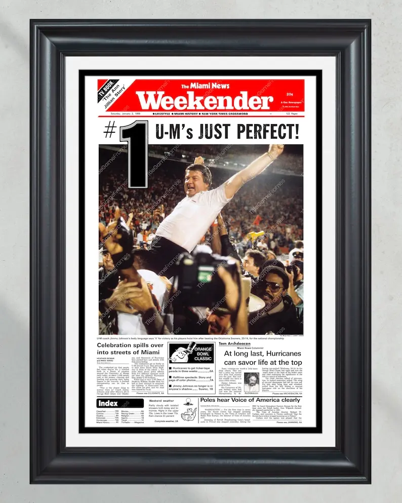 1988 Miami Hurricanes NCAA College Football National Champions Framed Front Page Newspaper Print