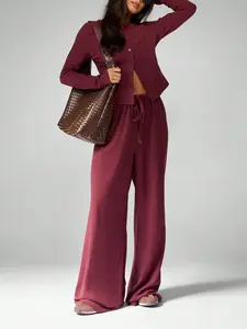 Soft Touch  Button Front Two Piece Set Womenswear Lady Long Sleeve Fitted Crop Top With Wide Leg Palazzo Pants Casual Chic Loungewear Fall Winter Outfit