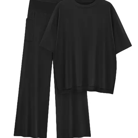 Women's Casual Fashion Pajama Set, Round Neck Loose Fit T-Shirt & Side Pocket Homewear Two-Piece Suit, All Season Comfortable Sleepwear, Loungewear, Lounge Pjs Set, Effortless Loungewear, Comfy Pajamas