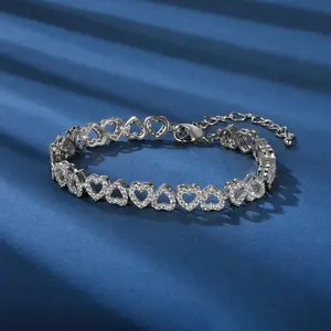 Light luxury full zircon heart splicing silver bracelet advanced sense of Europe and the United States popular adjustable bracelet