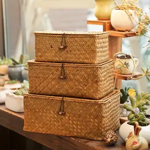 Rectangular Storage Baskets with Lid Woven Handmade Laundry Basket Home Storage Storage Box with Lid Sundries Panier Rangement