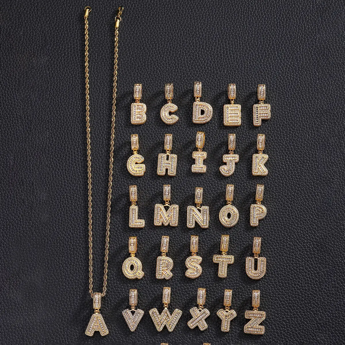 14K stainless steel hip-hop gold letter necklace adorned with cubic zirconia stones, A–Z letter pendant, choose any 26 letters, resistant to paint chipping and fading, a small gift suitable for boyfriends, friends, and family members.