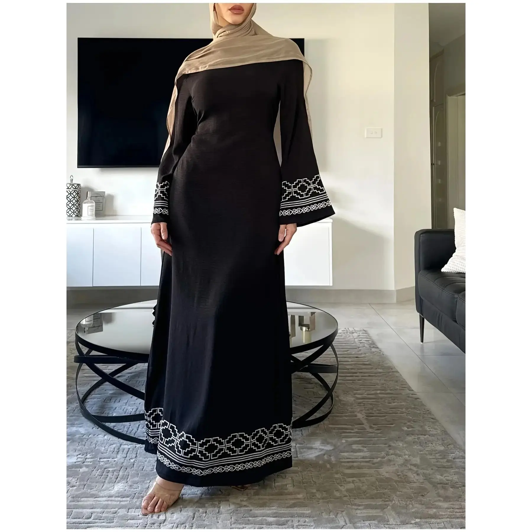 Women's Elegant Chic Polyester Arabian Abaya Dress - Long Sleeve Islamic Robe with Waist Belt, Black Tribal Pattern Durable Business Casual Gown for Weddings, Office (No Headscarf Included), Modest Islamic Clothing, Modest Islamic Wear, Suitable For Weddi