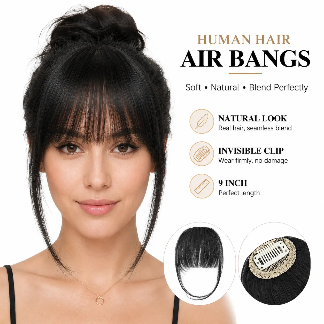 Female Glueless Clip-In Front Bangs Extensions - 9-in 15g (Net Weight) Wispy No-Glue Fringe, Invisible BB Clip Lightweight Hairpiece for Easy Removal, Daily Wear Face-Framing Natural Look