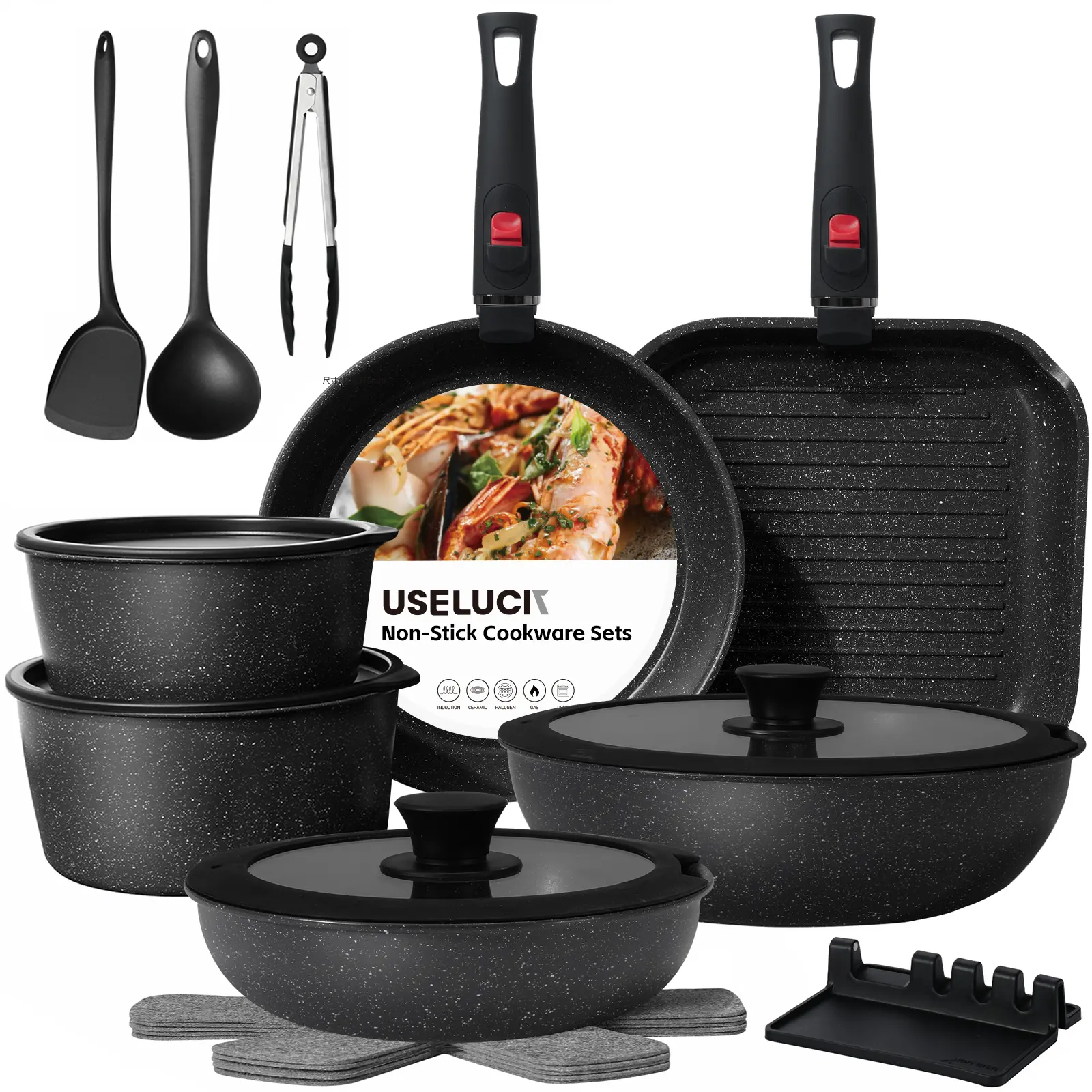 USELUCK 6-Pan 20 Piece Complete Pots and Pans Set, Nonstick Cookware Set with Detachable Handle, Stackable Space Saving Kitchen Set for RV & Home, Oven Safe, Induction Compatible with Lids