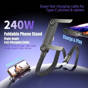 2-in-1 Invisible Stand Fast Charging Cable – 240W Type-C Braided Cable with Built-in Phone Holder, Perfect for Gaming, Office & Travel (Black