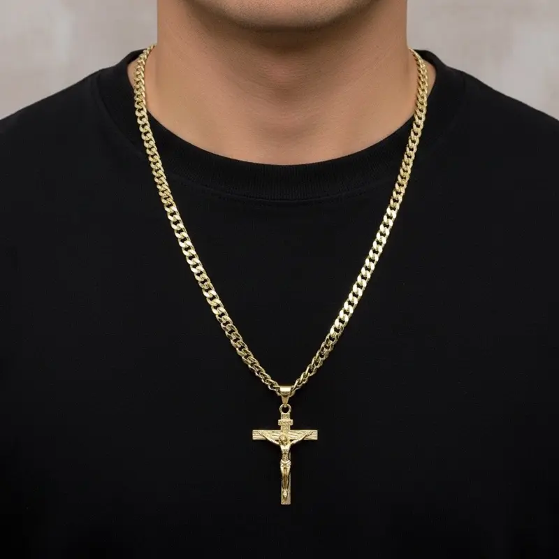 #312 14K Laminated High Quality Jesus Christ Cross Pendant 1.5Inch long with Cuban chain Size 22Inch, 24Inch and 5mm wide