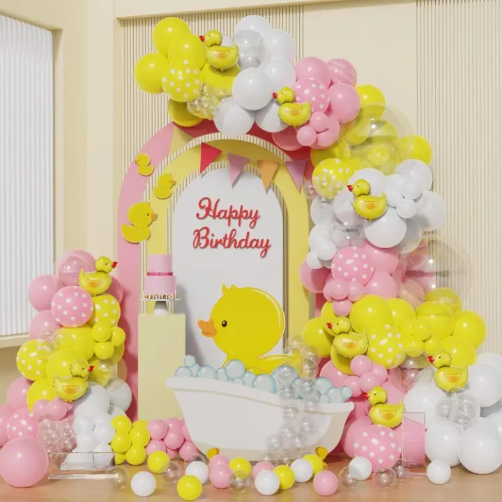 157PCS Little Duck Balloon Garland Kit with Pink, Yellow & Clear Balloons and Duck Foil Balloons for Baby Shower & Gender Reveal