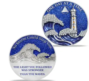 Blue Glitter Lighthouse Sobriety Coin - One Day at a Time Sober Chip,Rhinestones AA Recovery Medallions with 3D Waves Design,Sobriety Gifts for Women & Men Alcoholics Anonymous