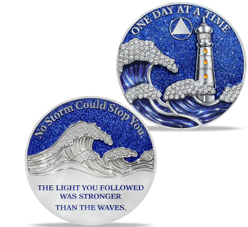 Blue Glitter Lighthouse Sobriety Coin, One Day at a Time Sober Chip, Rhinestone 3D Wave AA Recovery Medallion, AA Gift Women & Men | Home Decor, Lounge Accessories, Cool Room Decor, Men’s Room Decor