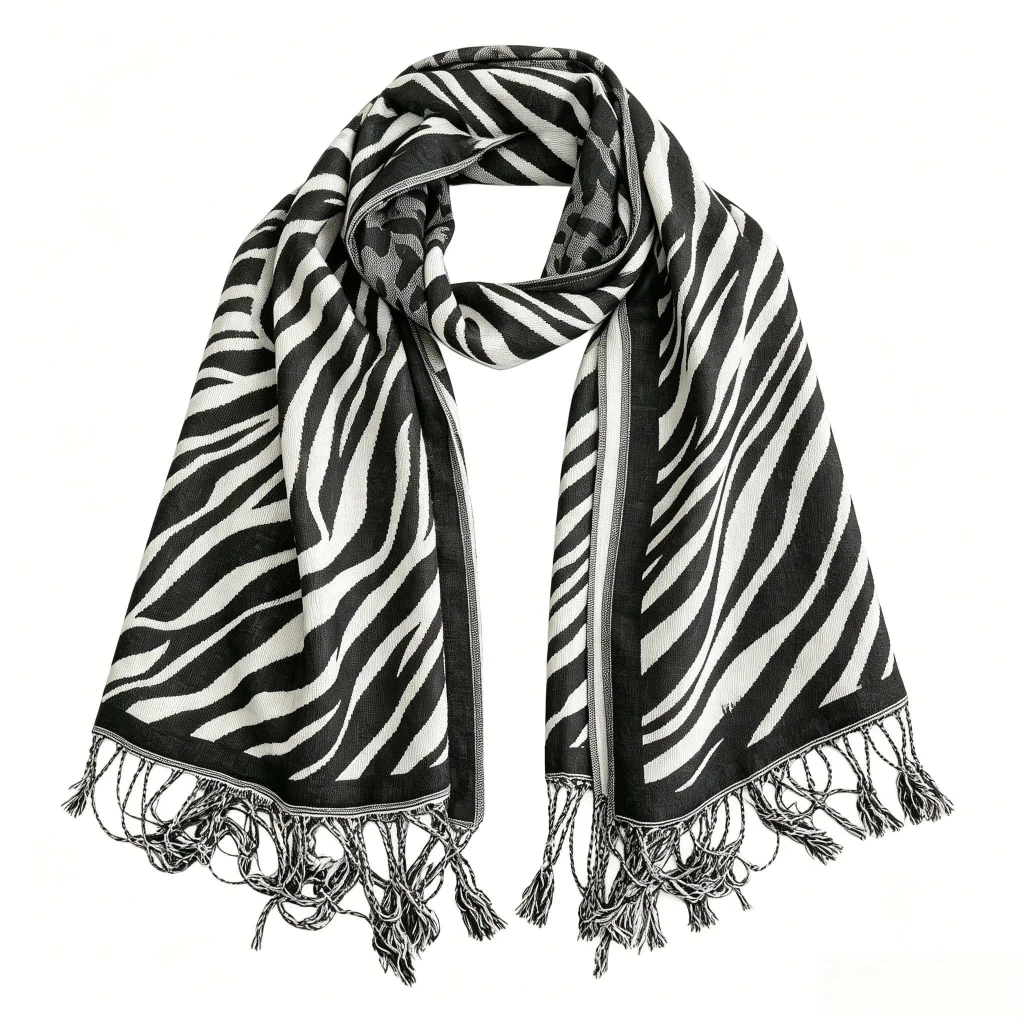 Women's 100% Cashmere Pashmina Scarf Shawl - Black & White Zebra Print, Lightweight Tasseled Animal Print Wrap for Fall Winter, Bold Large Modest Accessory for Evening Dress & Travel