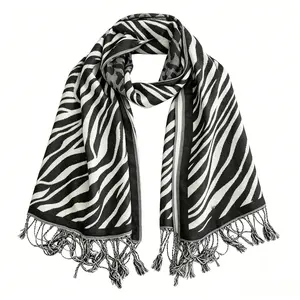 Women's Black & White Zebra Print 100% Pashmina Scarf Shawl - Lightweight Animal Print Wrap with Tassels for Fall Winter, Bold Fashion Large Scarves for Evening Dress, Office, Travel & Air-Conditioned Rooms