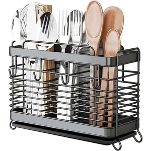 Utensil Holder, Stainless Steel Utensil Drying Rack with Drain Tray, Kitchen Counter Drainer Basket Silverware Cutlery Flatware Holder Forks, , Spoons, Chopsticks Organizer (Black)