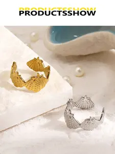 Tropical Starfish Shell Open Ring, Silver Color &, Waterproof Stainless Steel, Adjustable Size, Bohemian Beach Jewelry