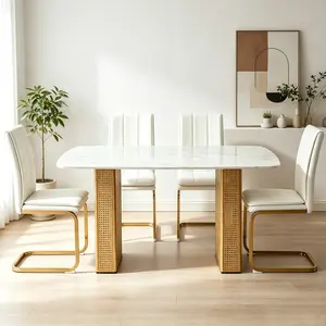 Modern Rectangular 55.1in Tempered Glass Dining Table with Gold Dual-Pedestal Marble-Pattern Top, Sturdy & Airy for 6-8 Seat Meals or Home Office, Gold