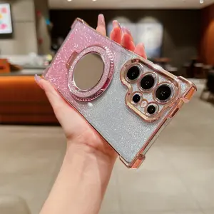 Gradient Glitter Card Paper + Creative Mirror Stand for Samsung Galaxy S21 Ultra/s22 Ultra/s23 Series/note20/note20 Ultra Phone Case Accessories