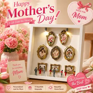 DIY Personalized Light-Up Photo Shadow Box Kit - Baroque Gold Frame, Spotlights, Mini Figures - DIY Customization Keepsake for Memories, Mother's Day Gift Ideas