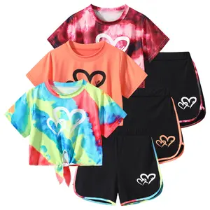 6-Piece Set: Girls' Short-Sleeve T-Shirt and Shorts Summer Set with Heart Print and Camouflage Design