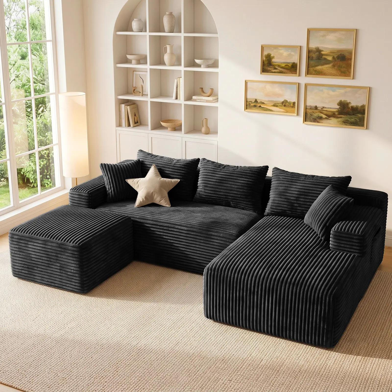 95" Cloud Modular Sectional Sofa with U-shaped chaise and large ottoman with deep seat, upholstered sofas for living room, no assembly required, plush corduroy fabric (black)