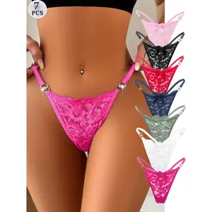 7-piece set of sexy lace women's thongs, featuring floral bows and sparkling diamonds, elegant wave design, mixed colors, soft, breathable, quick-drying underwear, 90% polyamide, 10% elastic fiber, knitted fabric, low-rise V-shaped thongs, suitable for yo