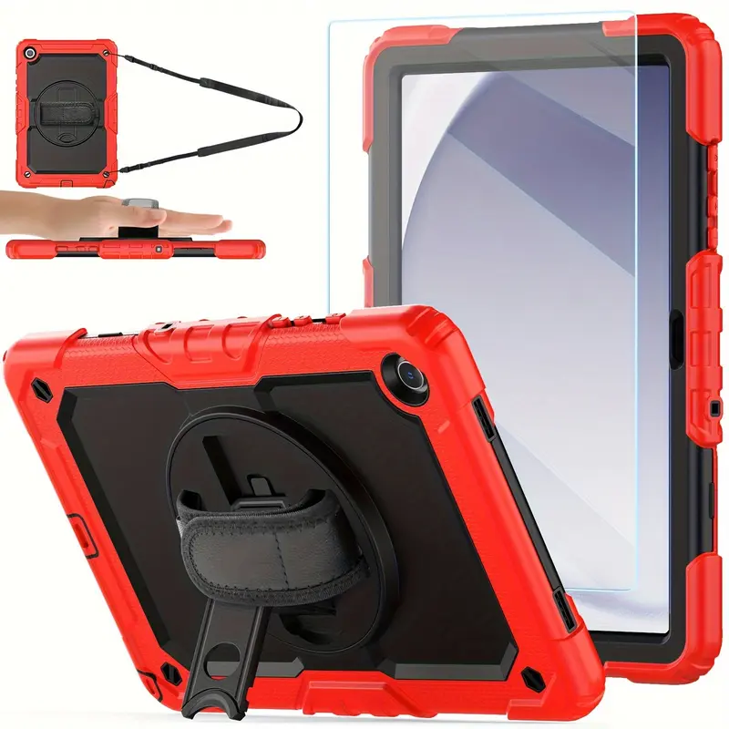 BLOSOMEET Galaxy Tab A9 Plus 11-inch Case with Tempered Glass Screen Protector, 360° Rotatable Kickstand & Hand Strap, Removable Shoulder Strap, Pencil Holder, Heavy-Duty Shockproof Protection for SM-X210/X216/X218
