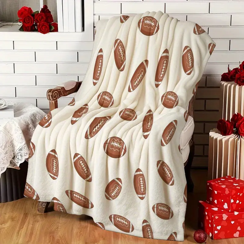1pc Retro Vintage Fabric Soft Flannel Football Print Blanket - 280GSM All-Seasons Durable Throw, Wrinkle Resistant, Fade Resistant, Machine Washable, Cozy Wearable for Sofa & Outdoor, Stylish Home Decor Gift Idea