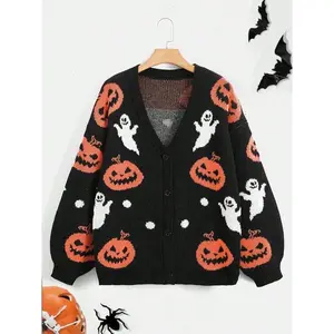 Women's Halloween Pumpkin Ghost Knit Cardigan Sweater, Soft Comfortable Colorblock Retro Design, Fall Winter Fashion Top