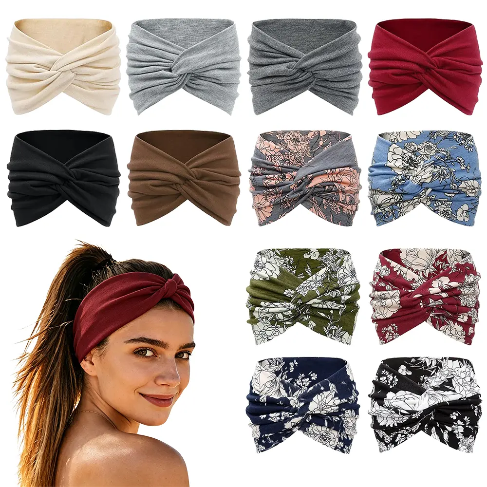 CUBIDUPI FASHION Women's 12-Piece Bandana-Style Mixed Prints Stretch Elastic Wide Headbands, Twist-Knot Hair Wraps for Gym, Yoga & Everyday Wear, Stretch Fabric, Twist-Knot Front, Boho Wide Headbands