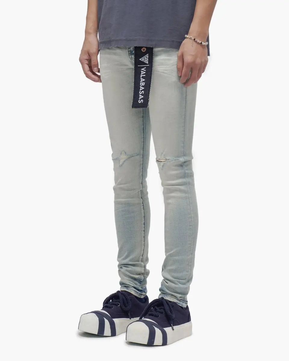 Menswear Men's Light Wash Slim-Fitting Ankle Cut Jeans - Stretch Fabric with Spandex, Button Fly, 5-Pocket Styling, Memphis Design, Leather Accents, Casual Denim Blend Pants