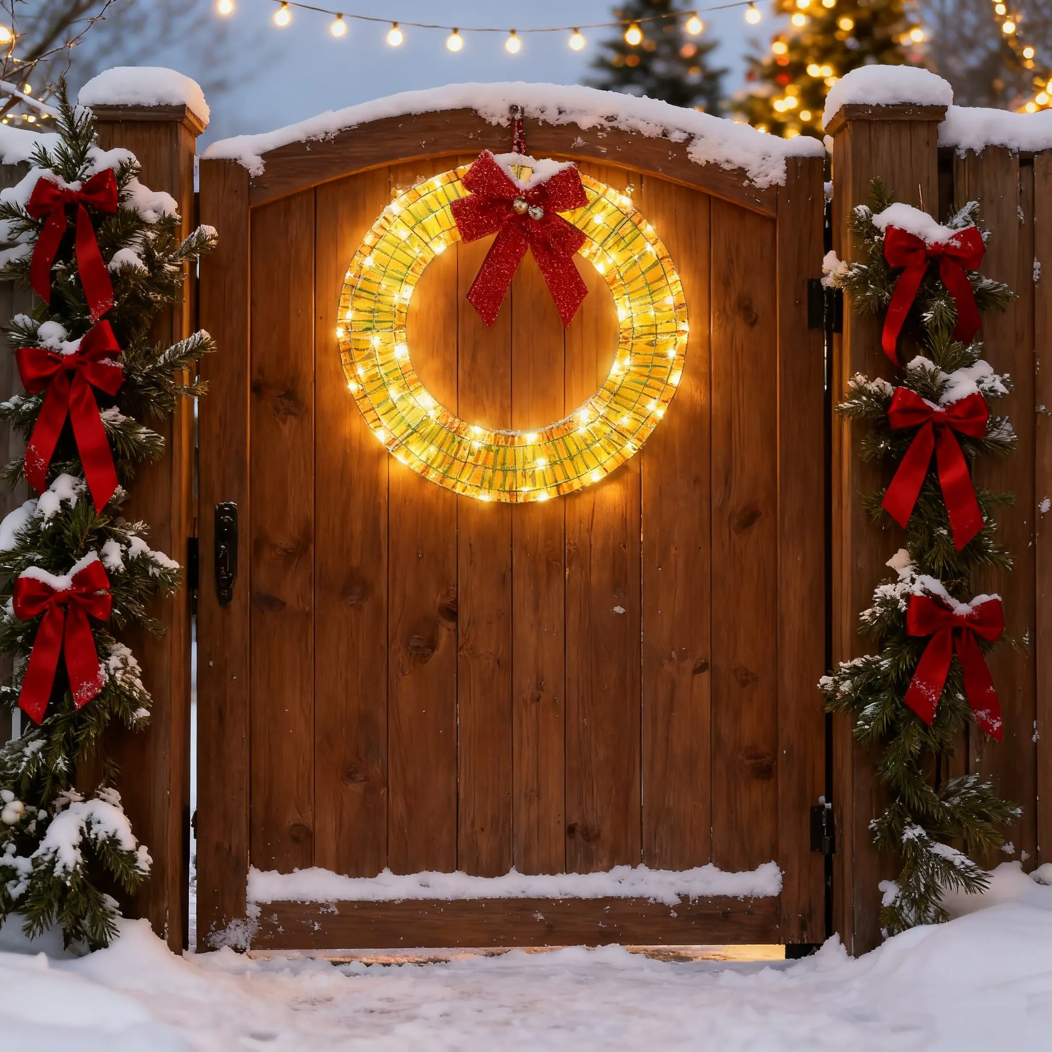 iCapeson 24in Iridescent Outdoor Christmas Wreath with Red Bow, Pre-lit Warm White LED Metal Wreath for Front Door, Gate, Wall Indoor Outdoor Holiday Decorations