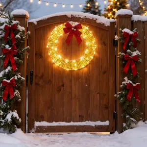 iCapeson 24in Iridescent Outdoor Christmas Wreath with Red Bow, Pre-lit Warm White LED Metal Wreath for Front Door, Gate, Wall Indoor Outdoor Holiday Decorations