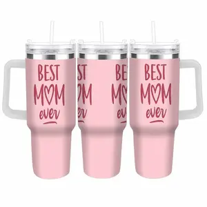 Best Mom Ever Car Tumbler (40oz/30oz/20oz) Pink Heart Print Design Double Wall Stainless Steel Insulated Leak Proof Travel Cup Perfect for Mother's Day Office Home Coffee Time Gift for Mom