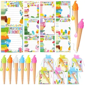 54 count End of Year Gifts Bulk for Students Classroom Ice Cream Notepads and Pens Have a Cool Summer Tropical Hawaiian Sticky Notes with Organza Bags for Graduation Beach Pool Party Favor Gifts