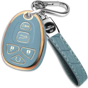 Chevy Key Fob Cover with KeyChain Soft TPU Gold Trim Protection Case Compatible with 2007-2014 Chevrolet Tahoe Suburban GMC Yukon Traverse Cadillac Escalade 5 Button(Blue)