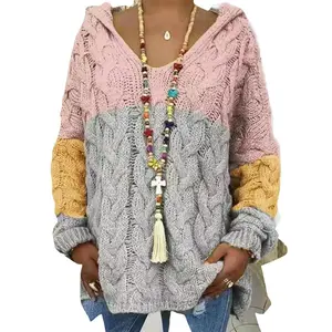 Women's Oversized Sweater Chunky Knit Pullover Hoodie V-Neck Long Sleeve Loose Solid Color Hooded Shirt