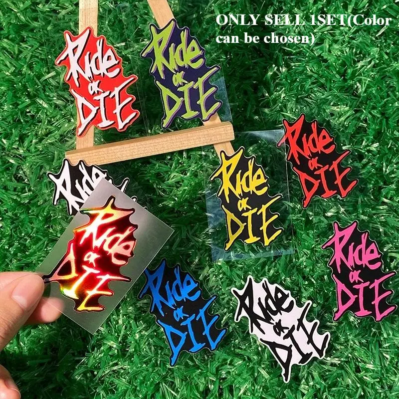 2PCS/SET Street Trendy Cycling Hardcore Attitude Logo Sticker, Graphic Decal, Stick on motorcycle bodies or cycling backpacks, multi-color 'Ride or Die' graffiti slogan decor has a hardcore cycling vibe, hardcore cycling enthusiasts