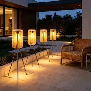 1pc Solar-Powered Wicker Floor Lamp, Assembled Wrought Iron Tripod, Height-Adjustable, Bohemian-Style Outdoor Floor Lamp, Gifts for Ramadan, Eid, Rustic-Style Indoor/Outdoor Decorative Lamp, Garden, Camping, Patio Lighting, Solar Outdoor Lights