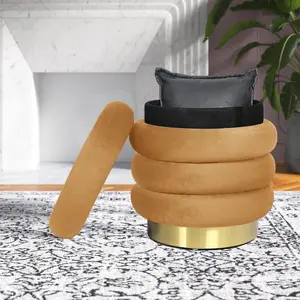 Adeco Round Velvet Storage Ottoman with Gold Plating Base, Modern Upholstered Footrest Vanity Makeup Stool for Bedroom Living Room