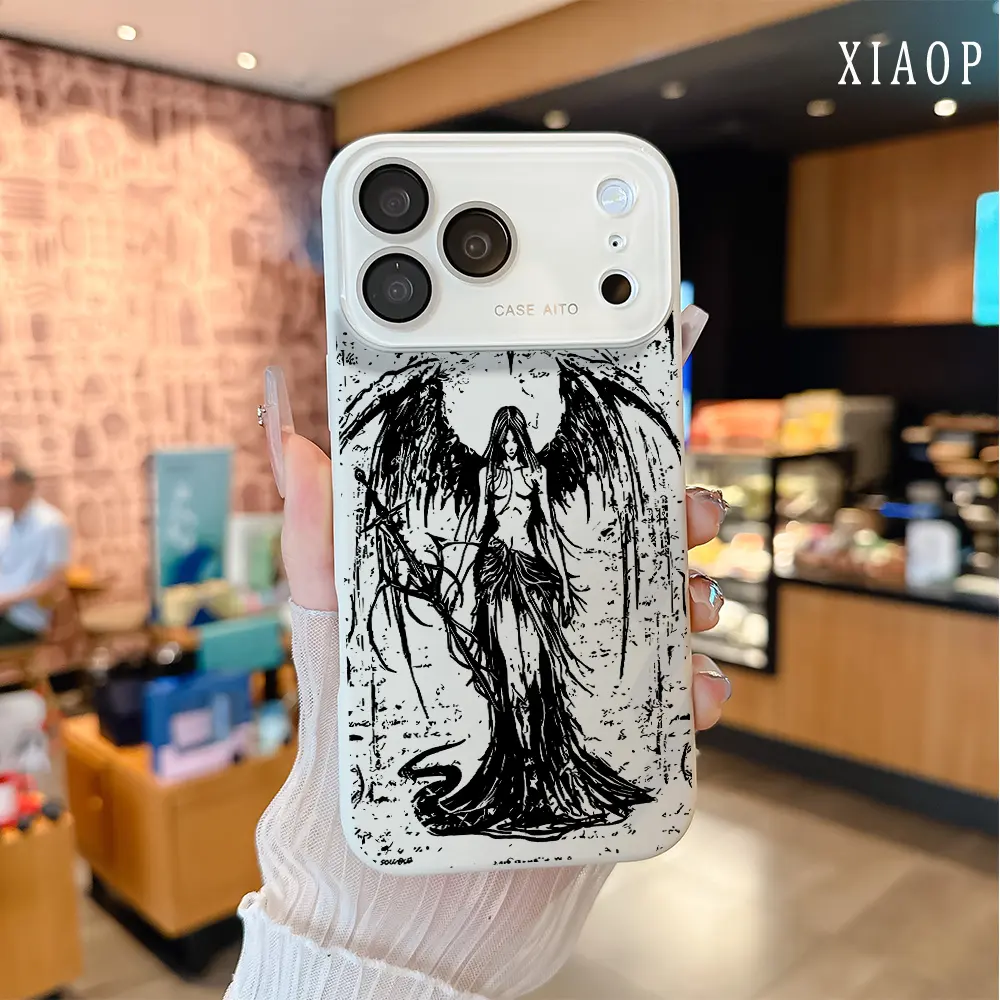 Gothic Dark Fallen Angel Dopamine INS Style Acrylic Hard Back Casing with Camera Shield - Fits iPhone 17 Pro Max,16,15 Plus,14,13,12, Fits iOS, Full Protection, Shockproof, Durable, Ultra-Thin, Matte Stays Clean Mobile Phone Accessory