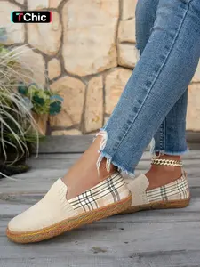 Women's Rainbow Stitching Plaid Patchwork Loafer Shoes, Comfortable Geometric Knit Slip-On Flats for Daily Wear & Stylish