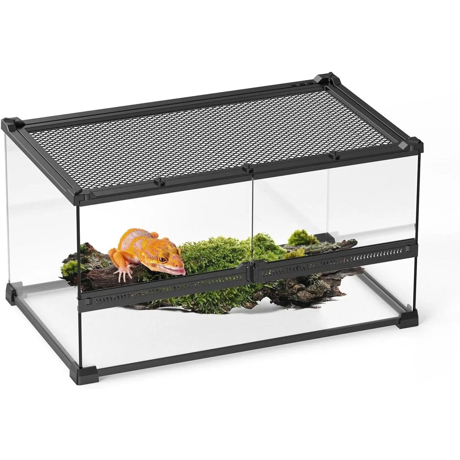 Tempered Glass Reptile & Amphibian Terrarium Tank, 20x12x10in, Front-Opening Double Door with Lock, Mesh Top, 360° Panoramic Viewing, Base Support for Rainforests, Amphibians